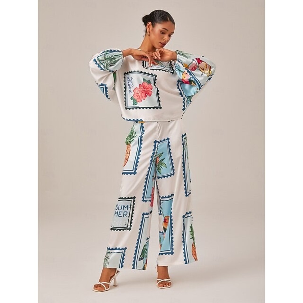 Ador Seamless Tropical Stamp Print Wide Leg Elastic Waist Trousers Large NWT - Picture 3 of 5